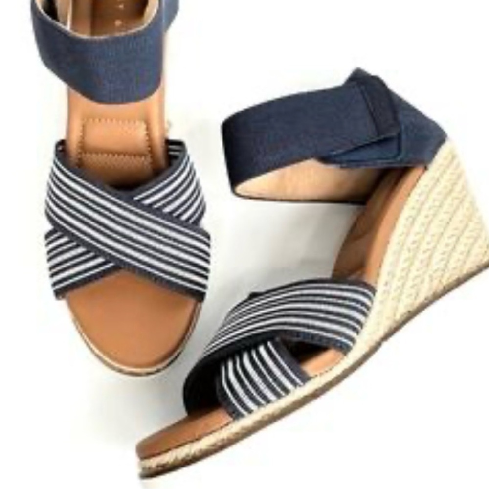 Navy Striped Wedge Sandals with Ankle Strap